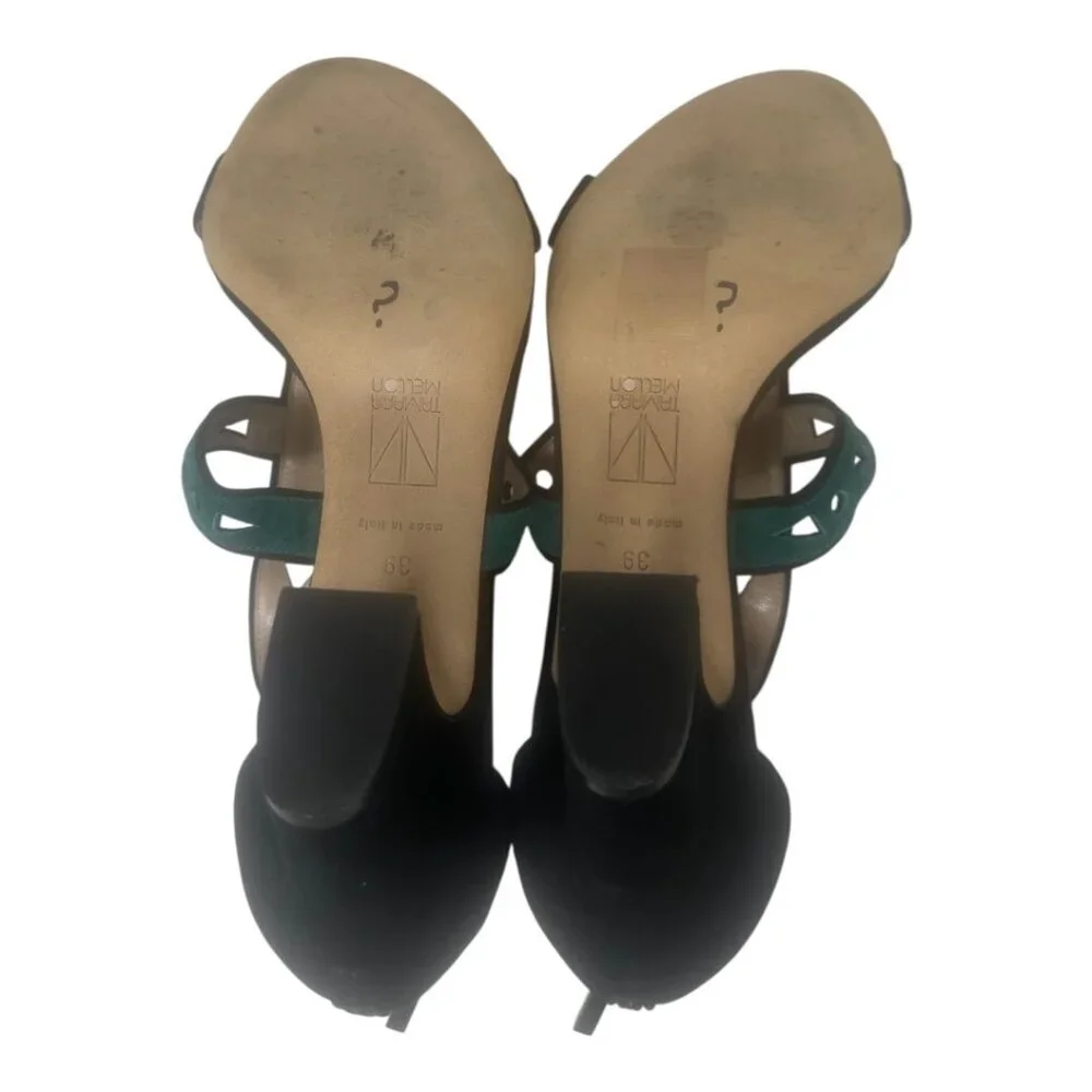 Tamara Mellon Black Suede Green Red White Laser Cut Straps Open Toe Heels Size 9
